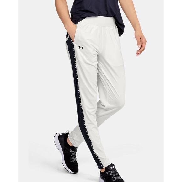 Under Armour Sport Pants Small Womens White Tapered Leg Tape Logo Pull On Loose - Picture 1 of 8
